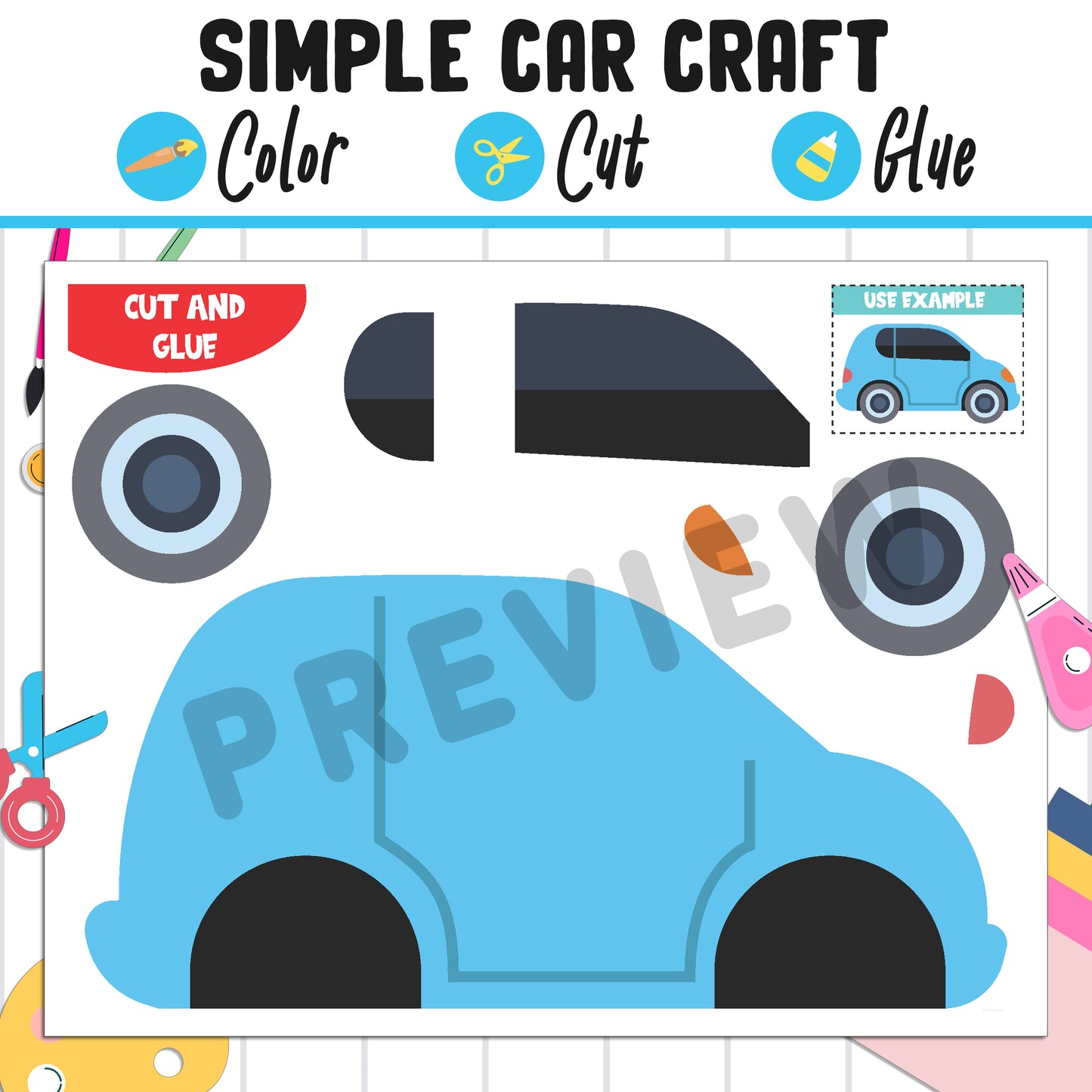 Simple Car Craft for Kids : Color, Cut, and Glue, a Fun Activity for Pre K to 2nd Grade, PDF Instant Download