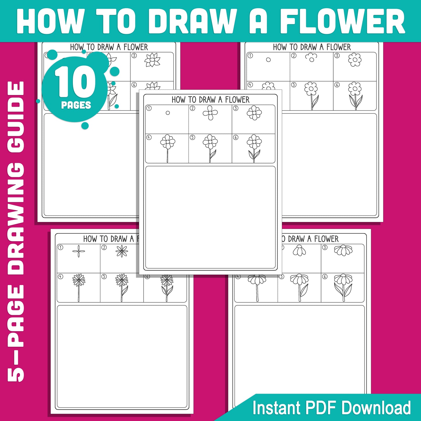 Kids' Flower Drawing Guide: Fun and Easy Step-by-Step Tutorial with 5 Coloring Pages, Perfect for Home or Classroom Art Projects, Instant PDF