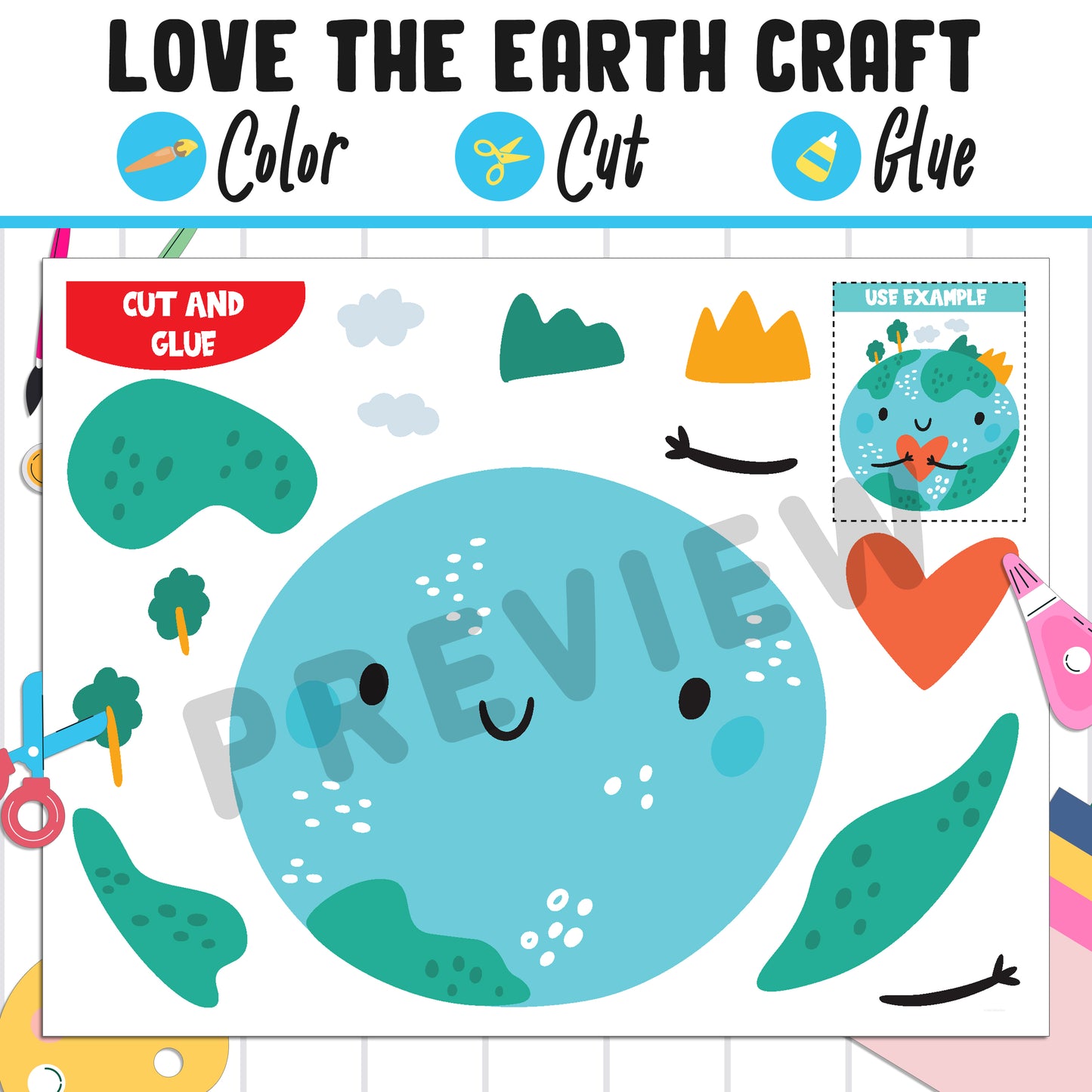 Love the Earth Craft for Kids : Color, Cut, and Glue, a Fun Activity for Pre K to 2nd Grade, PDF Instant Download