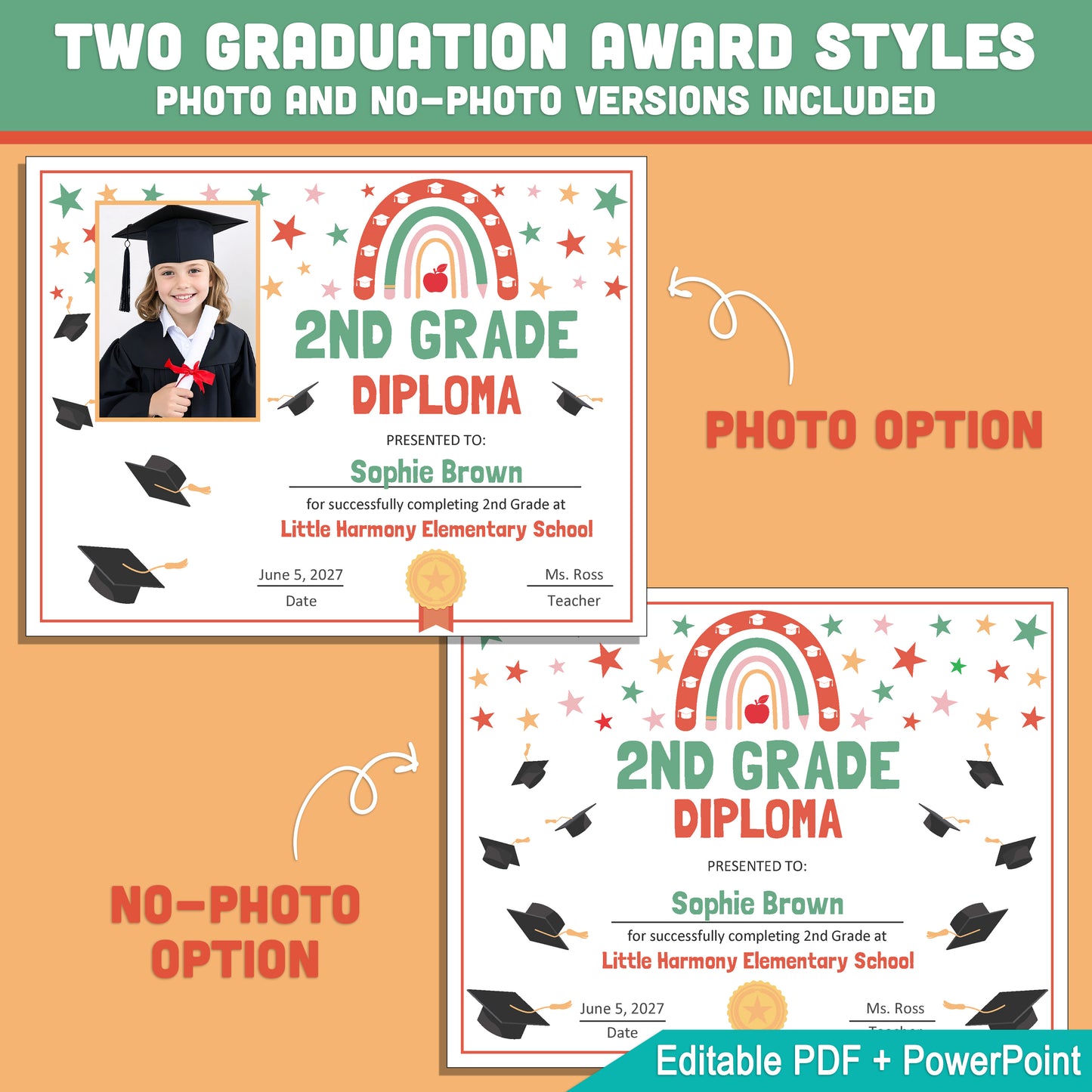 Editable 2nd Grade Graduation Diploma & Certificate Set, Retro Rainbow Stars Theme, Photo and No-Photo Awards, PDF and PowerPoint