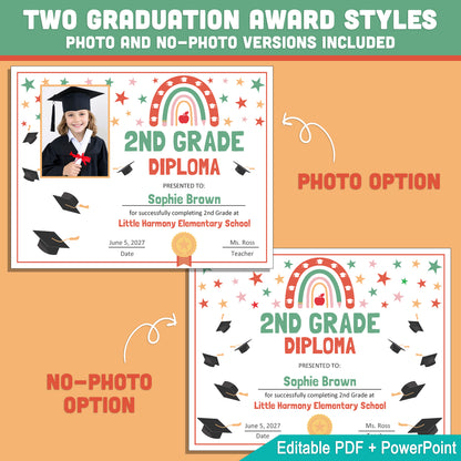 Editable 2nd Grade Graduation Diploma & Certificate Set, Retro Rainbow Stars Theme, Photo and No-Photo Awards, PDF and PowerPoint