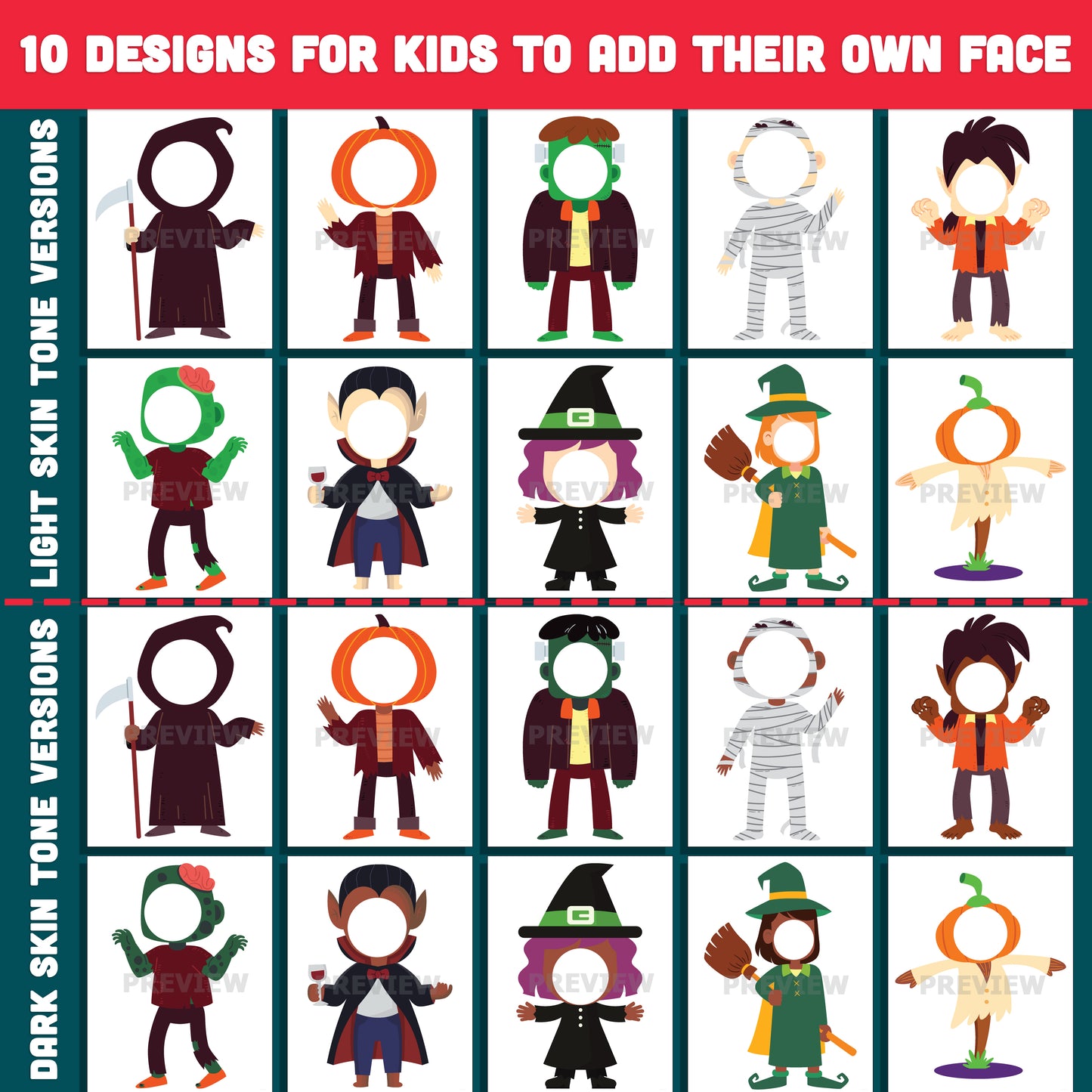 Printable Halloween Character Body Templates for Kids, 10 Designs, Light & Dark Skin Tone Included, High-Res 300 DPI PDF + PNG, Fun Face Craft