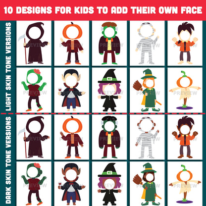 Printable Halloween Character Body Templates for Kids, 10 Designs, Light & Dark Skin Tone Included, High-Res 300 DPI PDF + PNG, Fun Face Craft