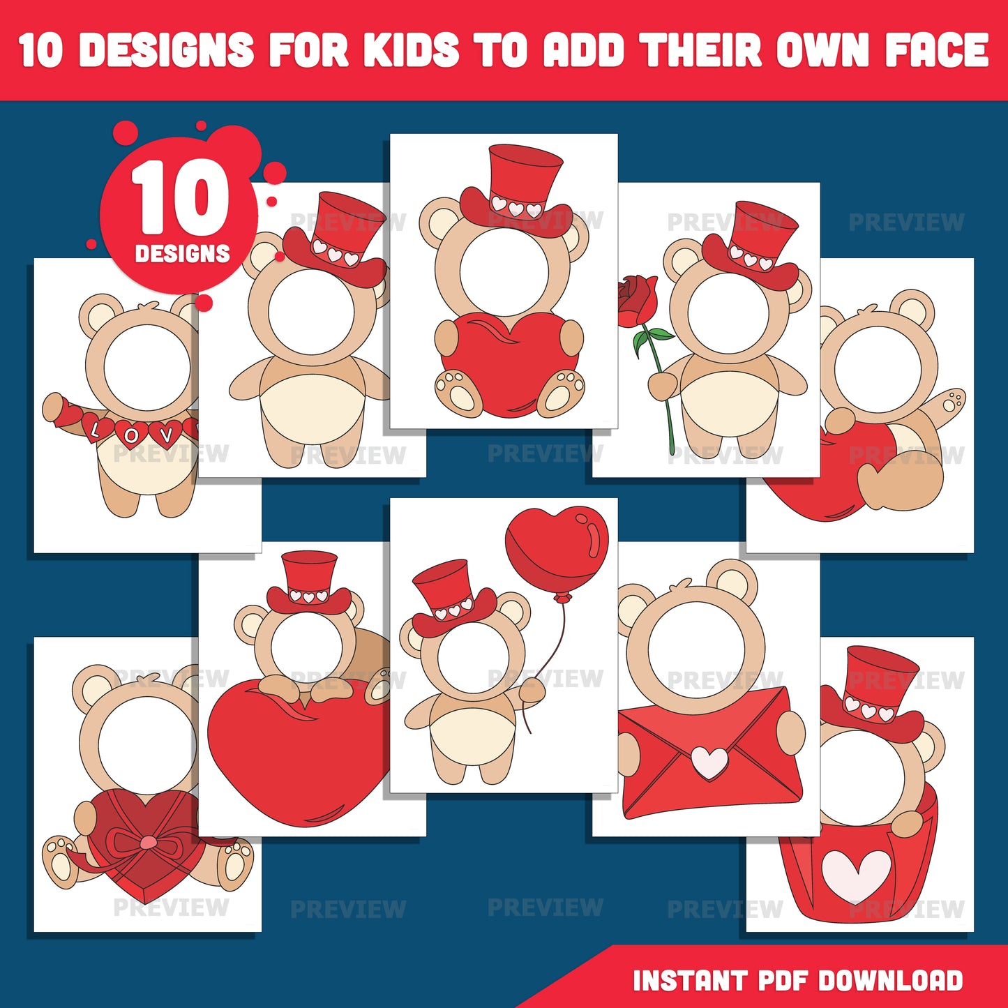 Valentine Bear Body Templates – Add Your Own Face Craft with Coloring Pages, Fun Valentine Classroom Activity, High-Resolution PDF & PNG