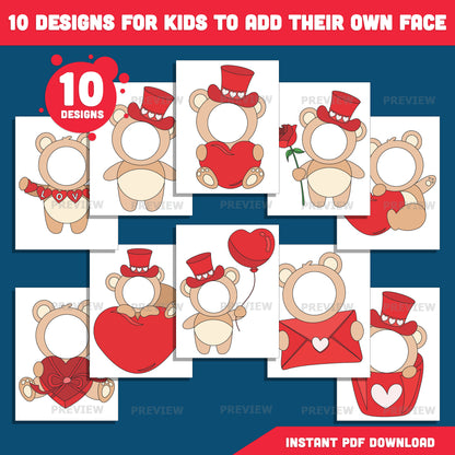 Valentine Bear Body Templates – Add Your Own Face Craft with Coloring Pages, Fun Valentine Classroom Activity, High-Resolution PDF & PNG
