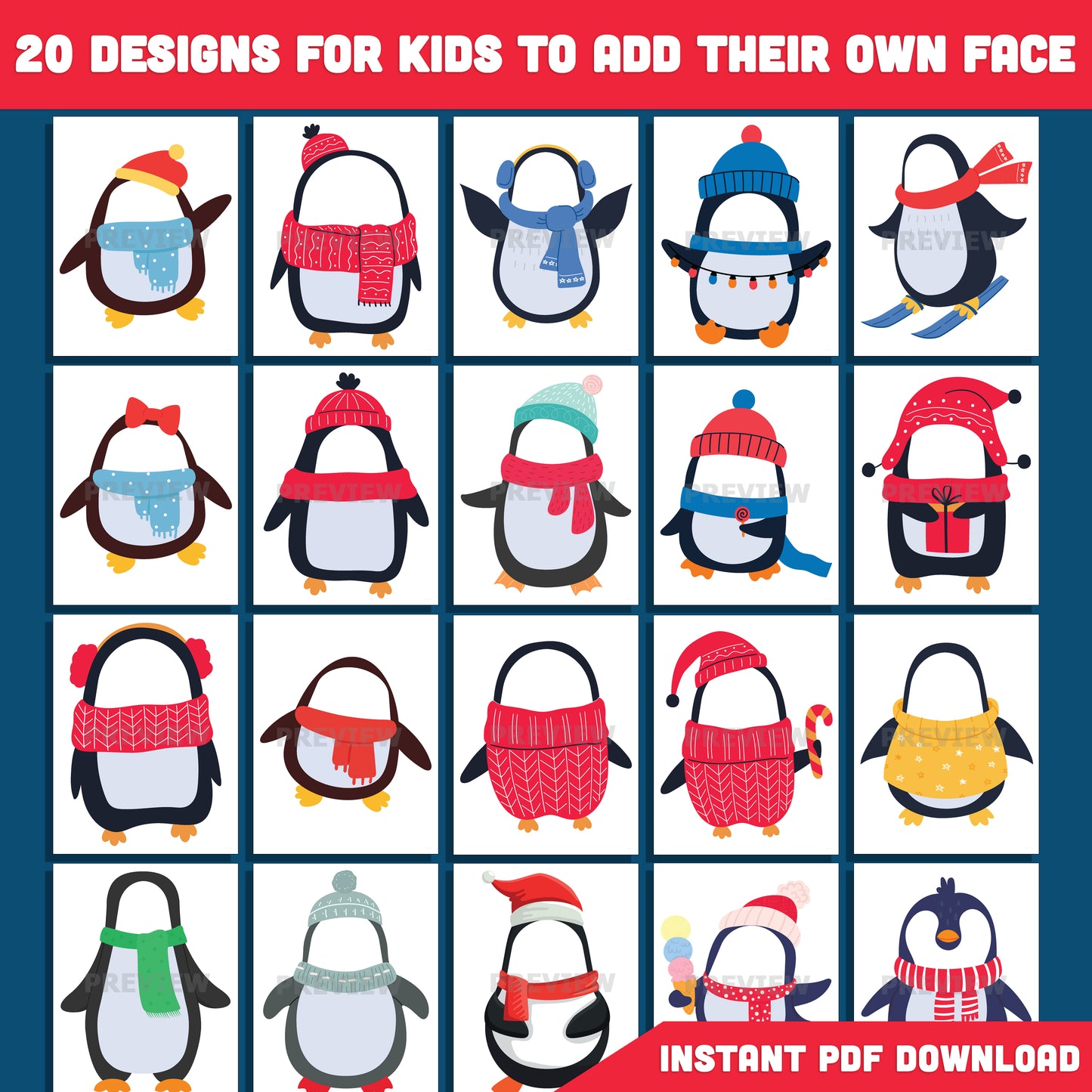 Printable Penguin Body Templates, Add Your Face Christmas Crafts, 20 Designs, Winter DIY Art Activity for Kids, Classroom or Home, PDF + PNG, 8.5x11"