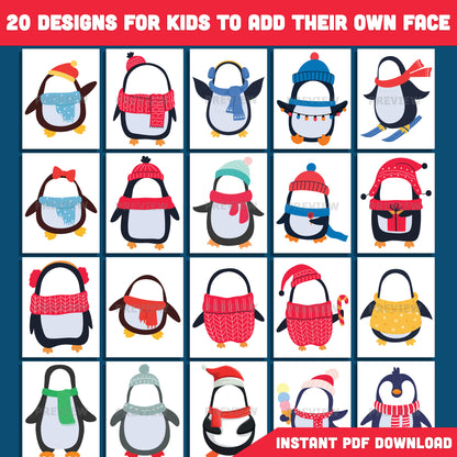 Printable Penguin Body Templates, Add Your Face Christmas Crafts, 20 Designs, Winter DIY Art Activity for Kids, Classroom or Home, PDF + PNG, 8.5x11"
