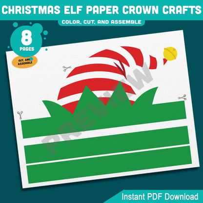 Printable Christmas Elf Paper Crown Crafts, Fun Winter Hat and Headband Activity, Christmas Play Paper Hat to Color, Cut & Assemble, 4 Designs, Pre-color + Black & White, Instant PDF Download