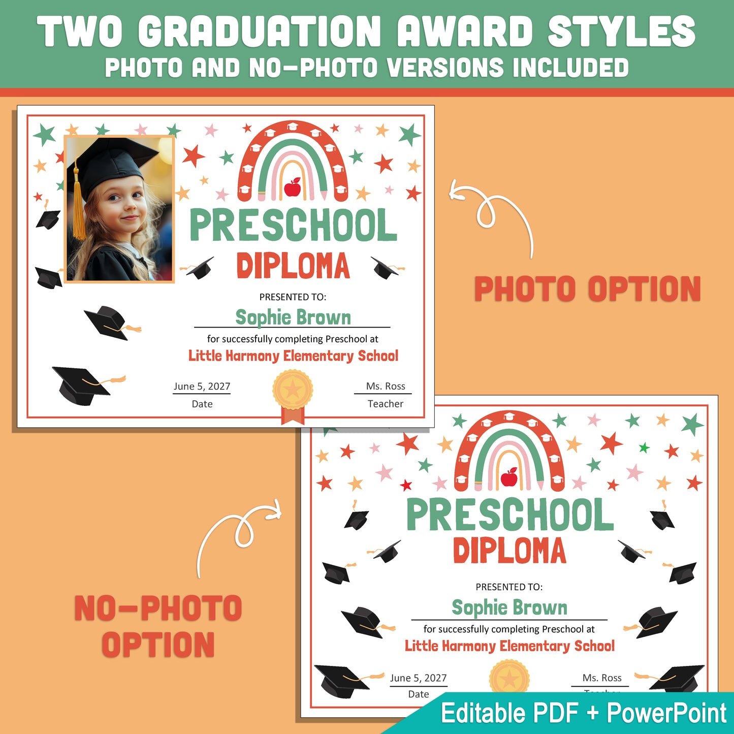Editable Preschool Graduation Diploma & Certificate Set, Retro Rainbow Stars Theme, 8.5x11 Awards, Photo and No-Photo Options, PDF, PowerPoint