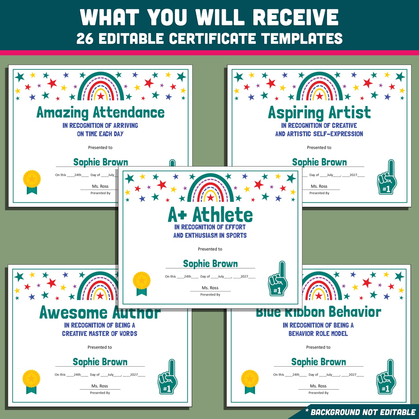 Custom Award Templates, Editable Student Certificates, 26 Printable Classroom Honors, PowerPoint Templates, Rainbow and Star Themed
