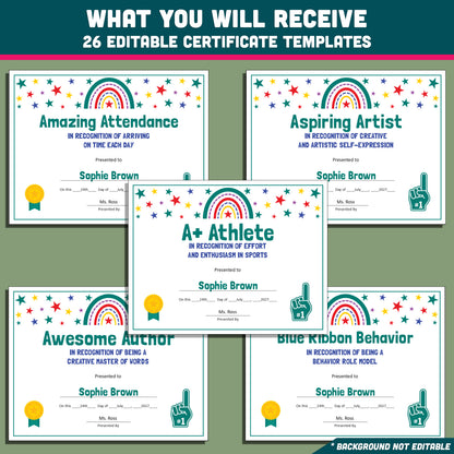 Custom Award Templates, Editable Student Certificates, 26 Printable Classroom Honors, PowerPoint Templates, Rainbow and Star Themed