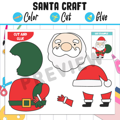 Santa Craft Template: Fun Christmas Activity for Kids, Color, Cut, and Glue, Pre K to 2nd Grade, PDF Instant Download