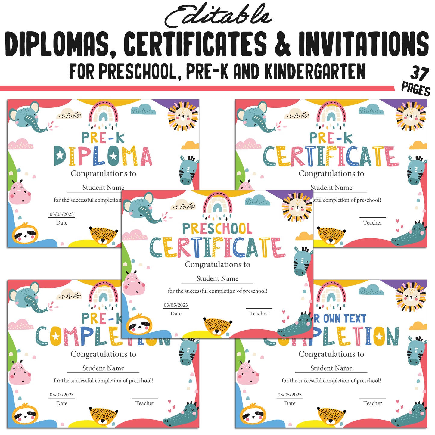 Editable Kindergarten, Pre-K, and Preschool Completion Certificates, Diplomas & Invitations Backgrounds, PDF Files, Instant Download