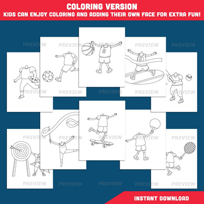 Put Your Own Face on Sports Players, Kid Sports Body Clipart Templates, Personalized Athlete Coloring Pages, PDF Download