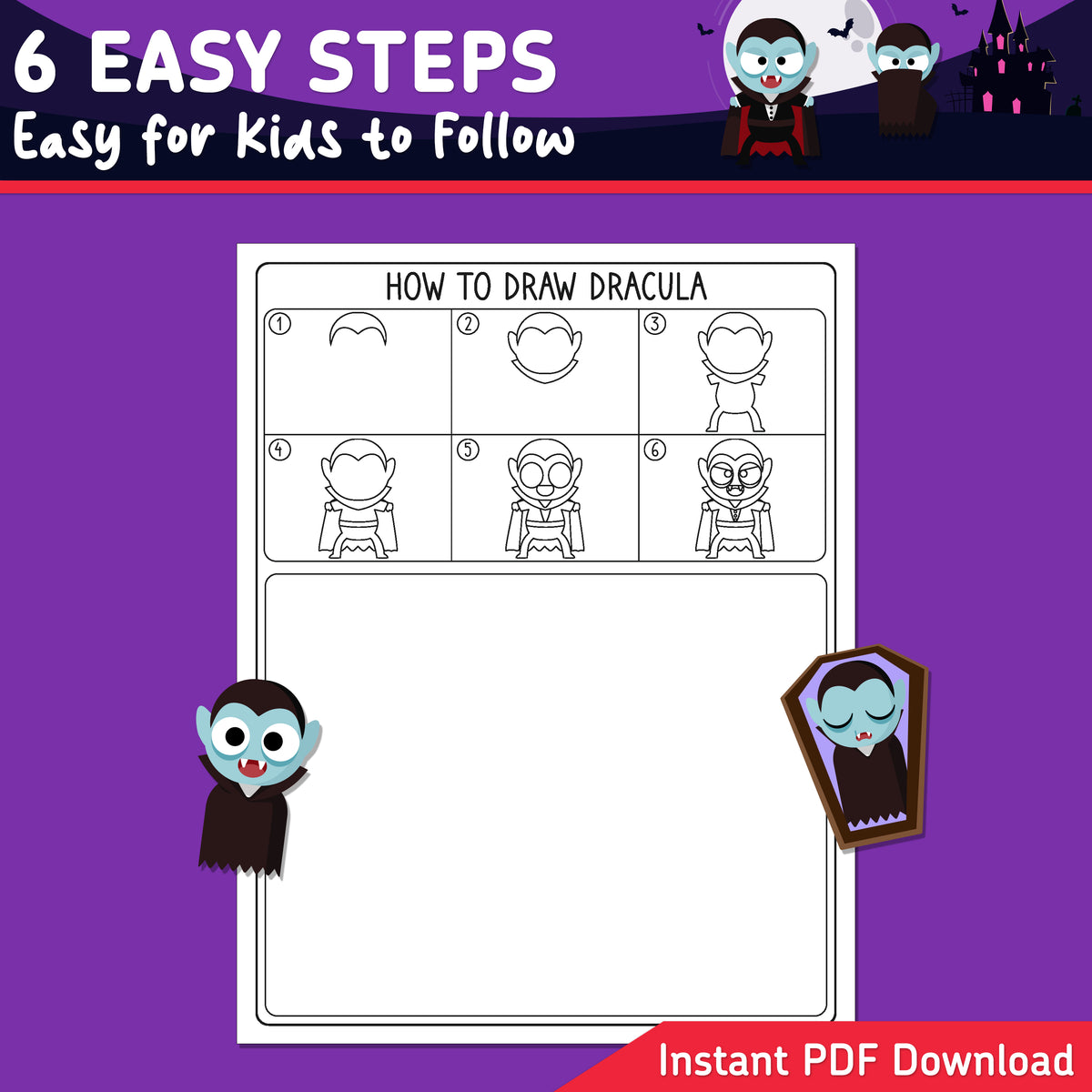 How to Draw Dracula, Halloween Directed Drawing, Step-by-Step Vampire Lesson, 6 Easy Steps, 5 Practice Pages, 5 Coloring Pages, PDF Download