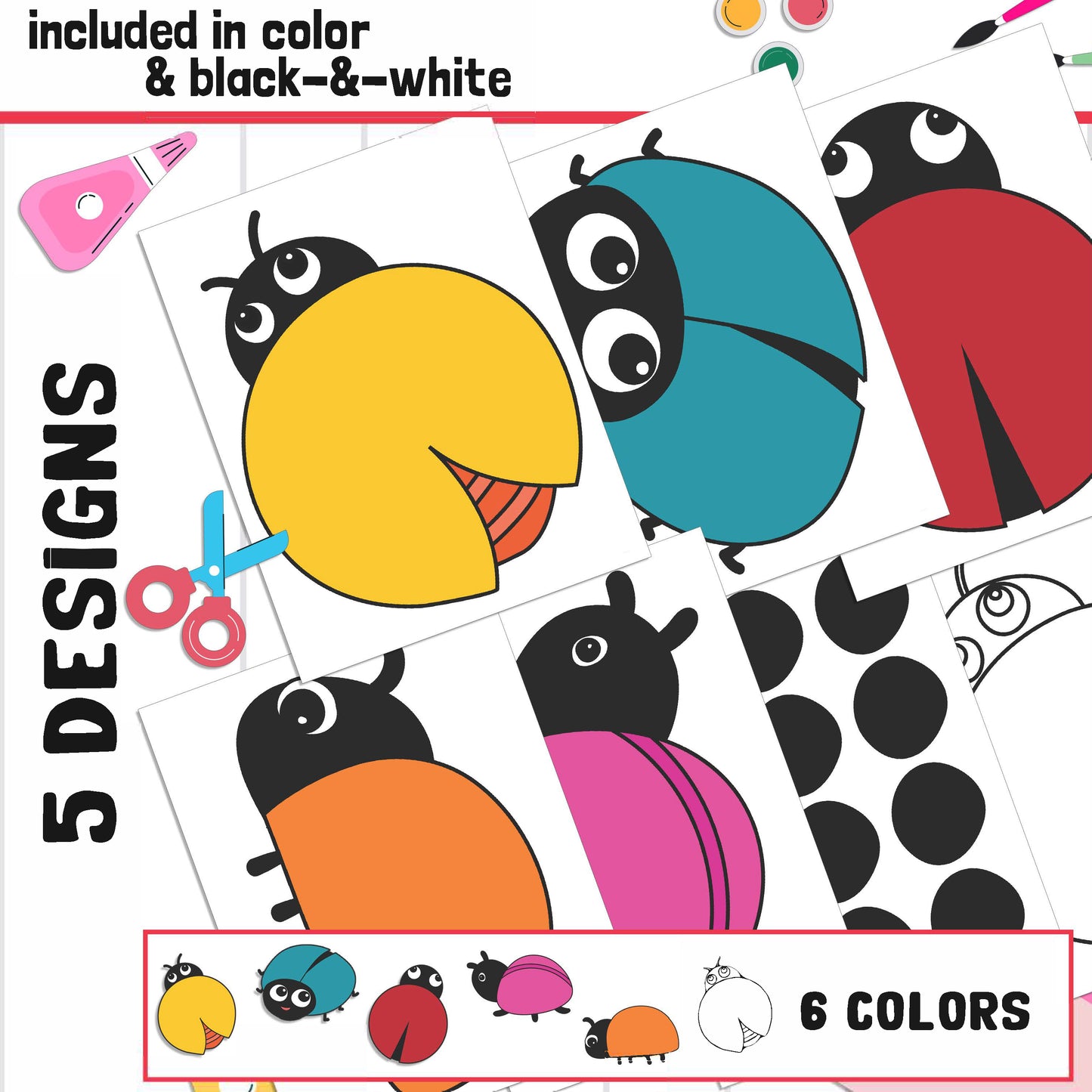 Ladybug Name Craft Activity: Back to School Bulletin Board, 40 Pages, 5 Designs, Blank & Editable, Color and Black-and-White Versions