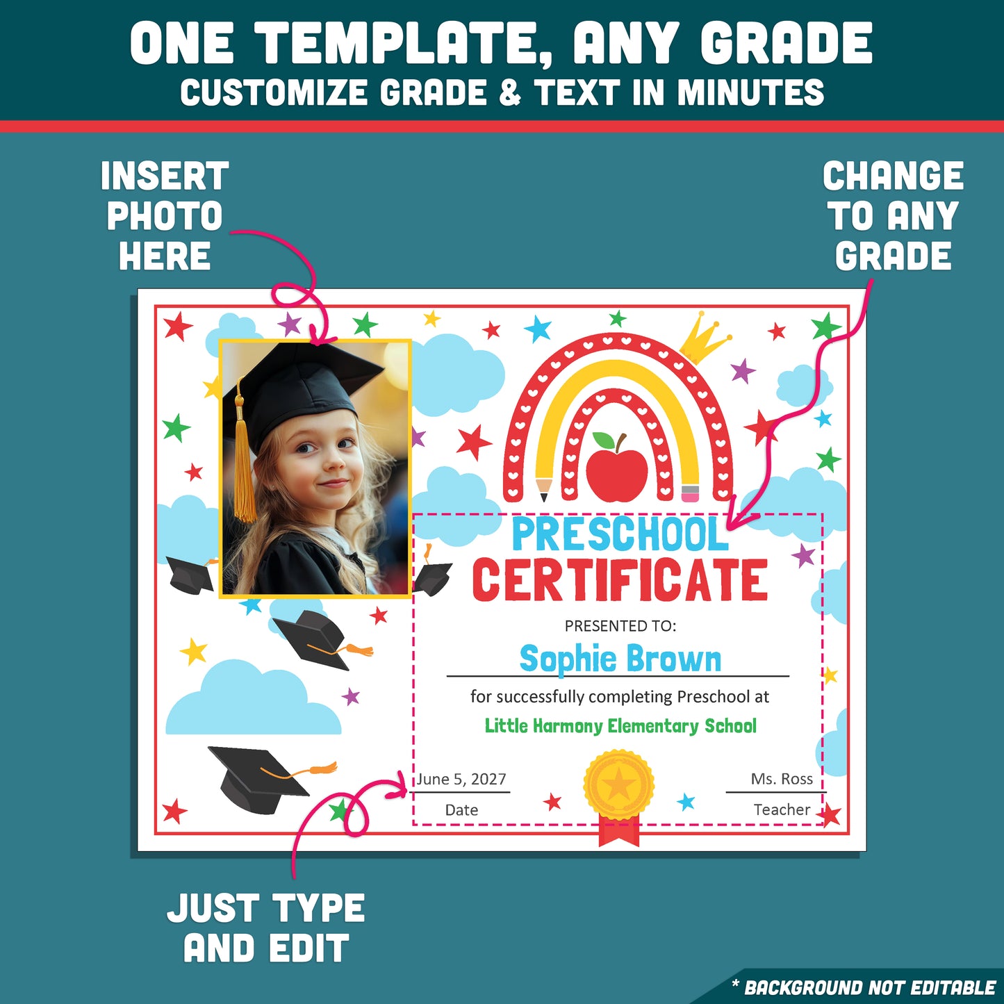 Editable Awards and Certificates, Graduation Set for Preschool & Beyond, Any Grade Diploma or Certificate Template, With and Without Photo, PDF PowerPoint