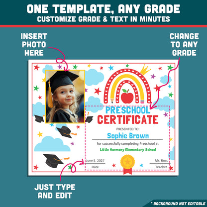 Editable Awards and Certificates, Graduation Set for Preschool & Beyond, Any Grade Diploma or Certificate Template, With and Without Photo, PDF PowerPoint