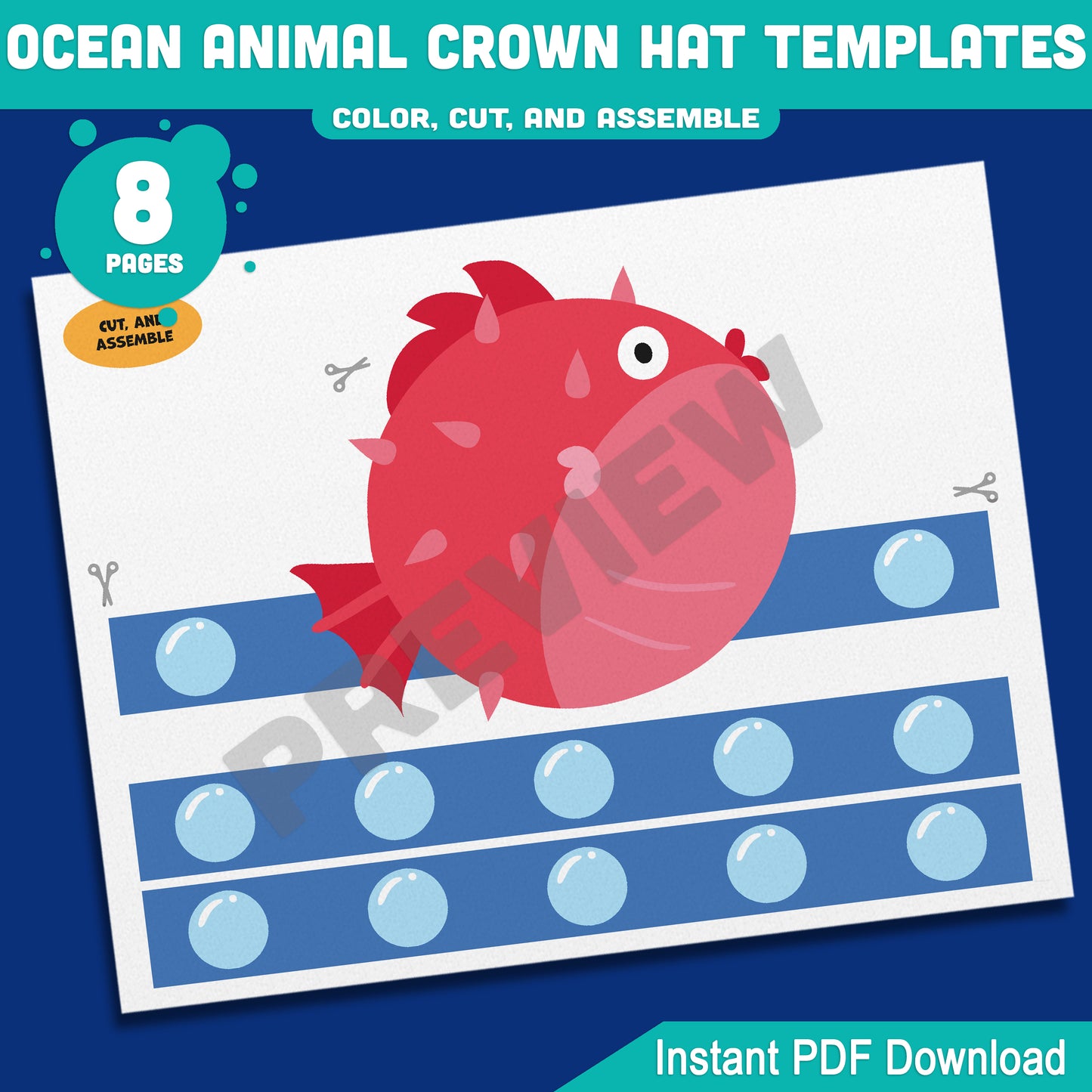 Ocean Animal Crown Hat Templates, Fun Printable Headband Craft for Kids – 8 Pages with Pre-Colored + Black & White, PDF for Teachers & Parents
