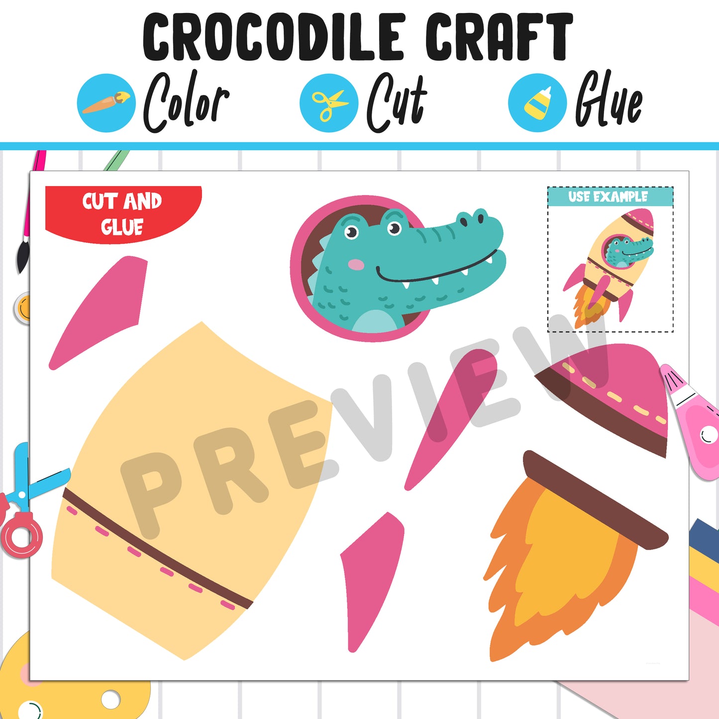 Crocodile Craft : Color, Cut, and Glue, a Fun Activity for Pre K to 2nd Grade, PDF Instant Download