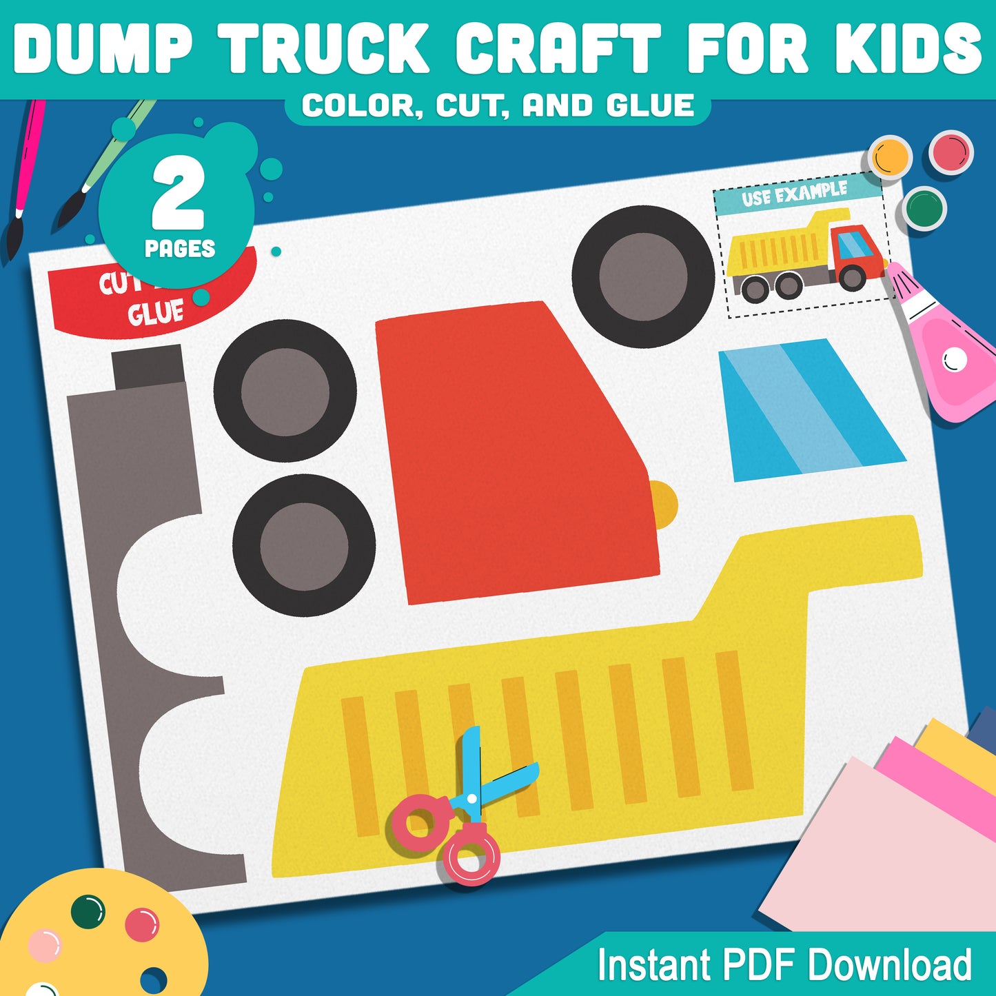 Dump Truck Paper Craft: Fun DIY Color, Cut, and Glue Project for PreK, Kindergarten, and 2nd Grade, Printable PDF Instant Download