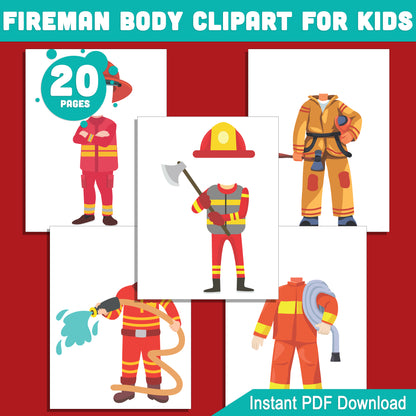 Kids’ Fireman Body Clipart: 20-Page Set of Printable Firefighter Templates, Add Your Own Face for Exciting Crafts, Role-Playing, and DIY Fun