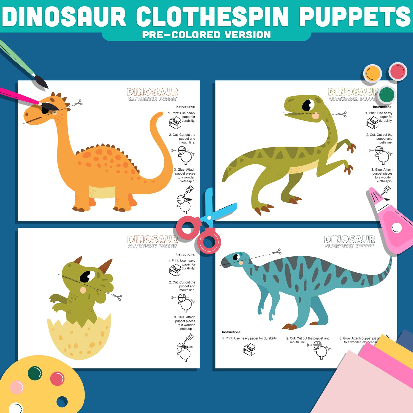 Dinosaur Puppet Craft, Movable Dinosaur Craft Activity, Printable Clothespin Puppet Templates for Kids PDF