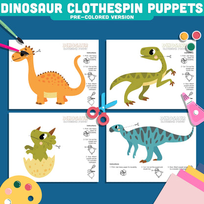 Dinosaur Puppet Craft, Movable Dinosaur Craft Activity, Printable Clothespin Puppet Templates for Kids PDF