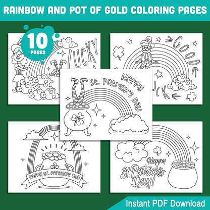 St. Patrick’s Day Coloring Pages: Rainbow, Pot of Gold, Shamrock, and Leprechaun Fun for Kids, Printable Activity, Instant PDF Download