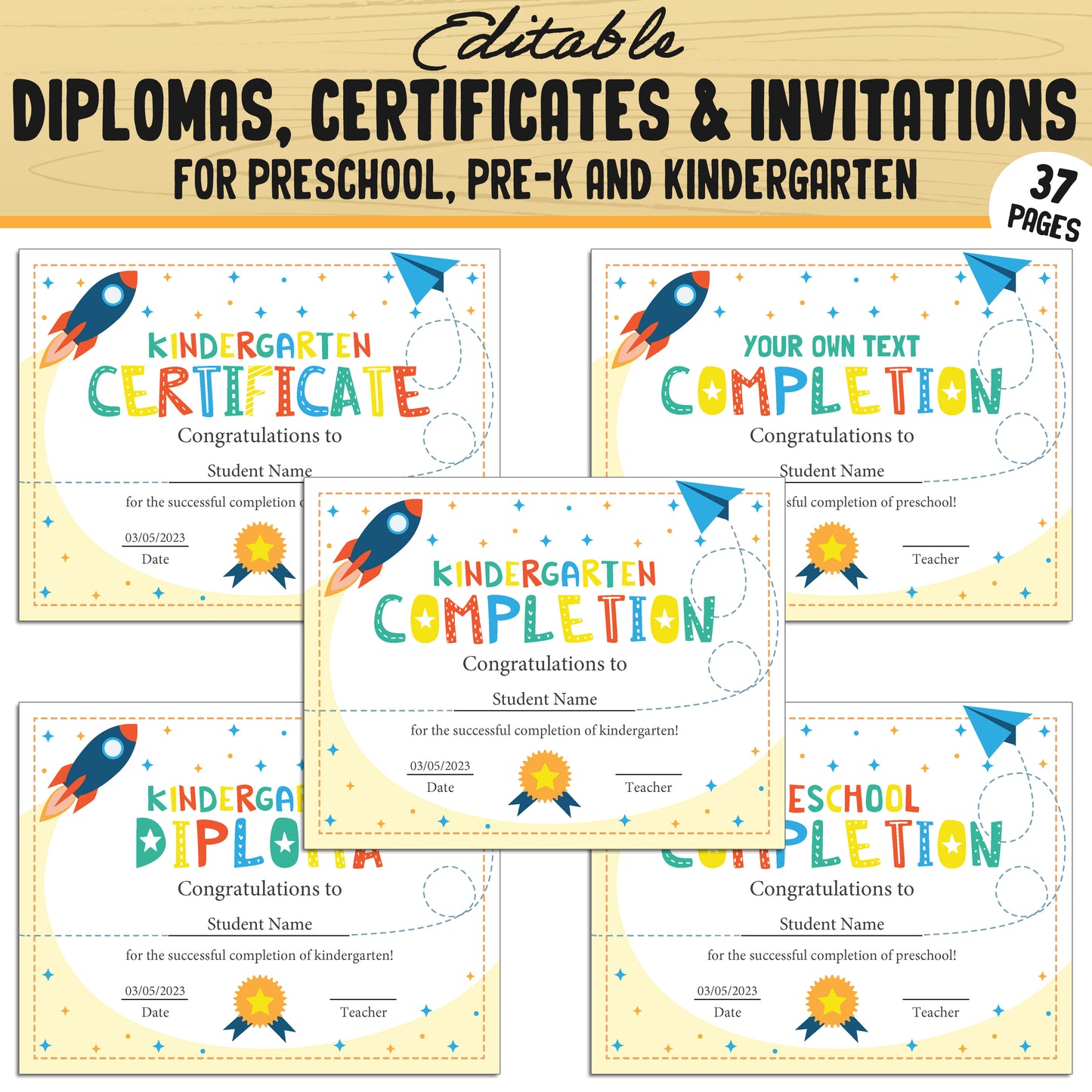 Fun and Editable Preschool, Pre-K, and Kindergarten Diplomas, Certificates, and Invitations – 37 Customizable PDF Pages, Instant Download