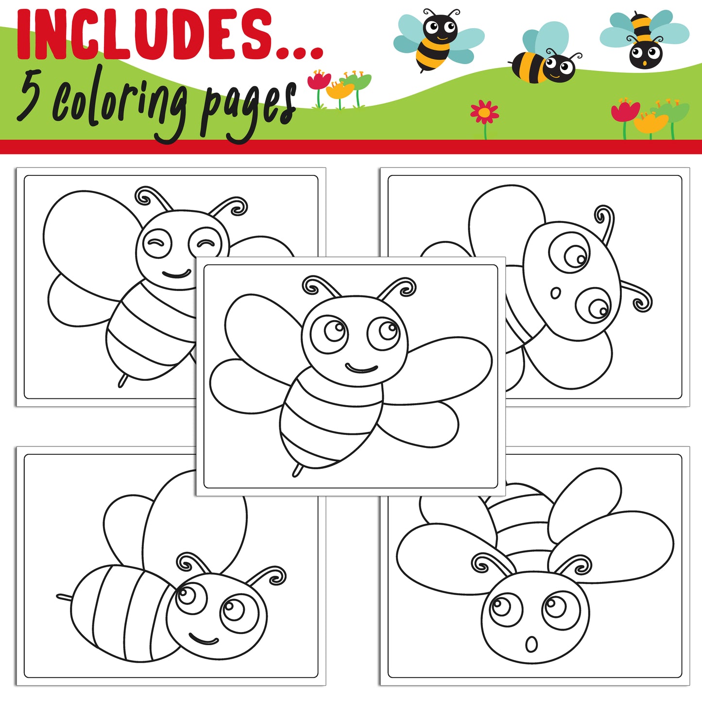 Learn How to Draw a Bee Easy: Directed Drawing Step by Step Tutorial, Includes 5 Coloring Pages, PDF File, Instant Download.