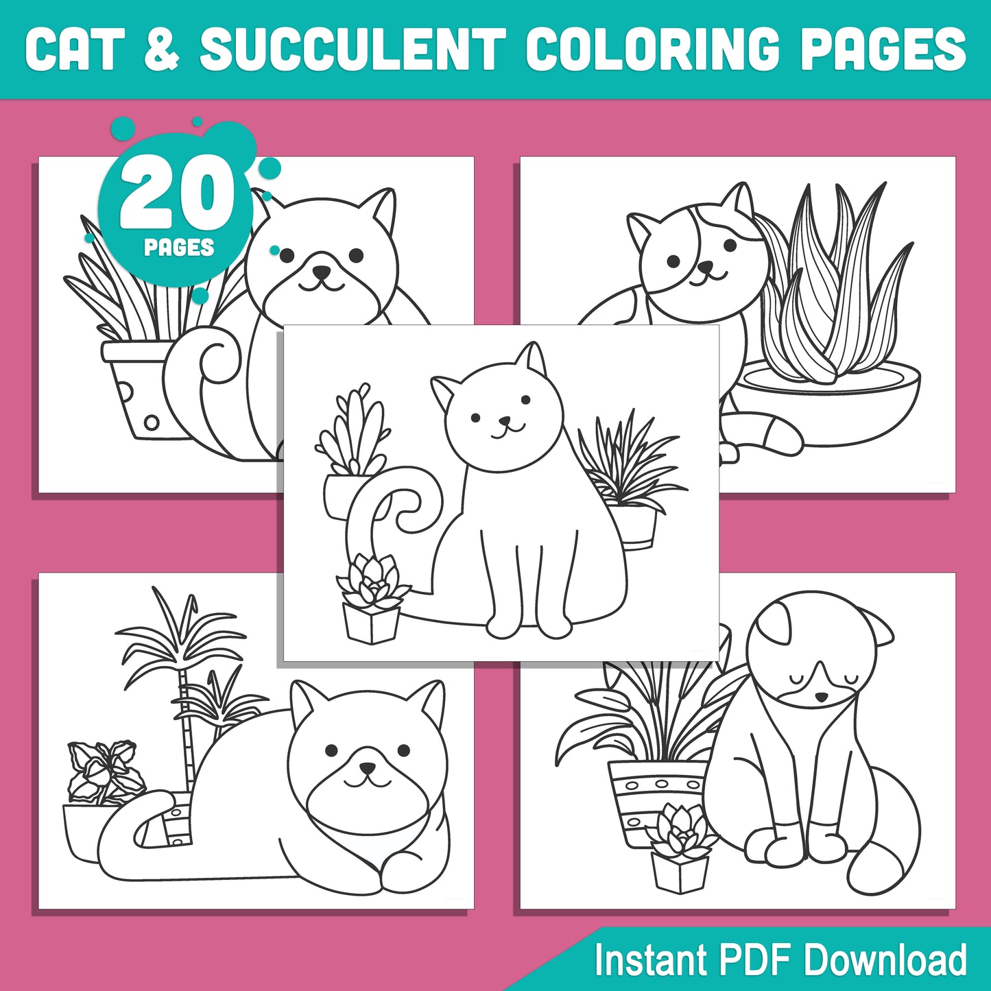 20 Cat and Succulent Coloring Pages for Kids & Adults – Fun, Relaxing, and Creative Activity, Printable PDF Instant Download