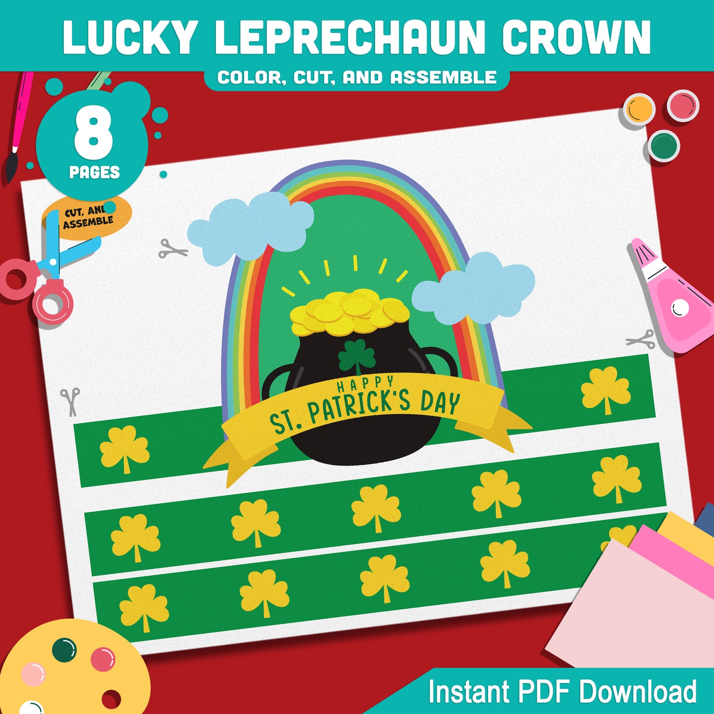 Lucky Leprechaun Crown – St. Patrick’s Day Printable Headband Craft for Kids, Shamrock Wearable Paper Hat Project, Pre-color + Black & White, Color Cut Wear PDF