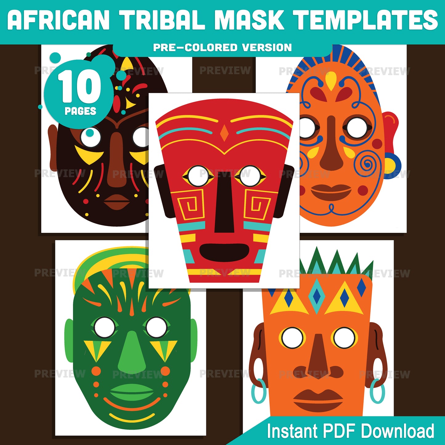 African Tribal Mask Templates, Masquerade Printable Classroom Craft, Pre-Colored and Black and White Mask Set, Art and Drama Activity for Kids
