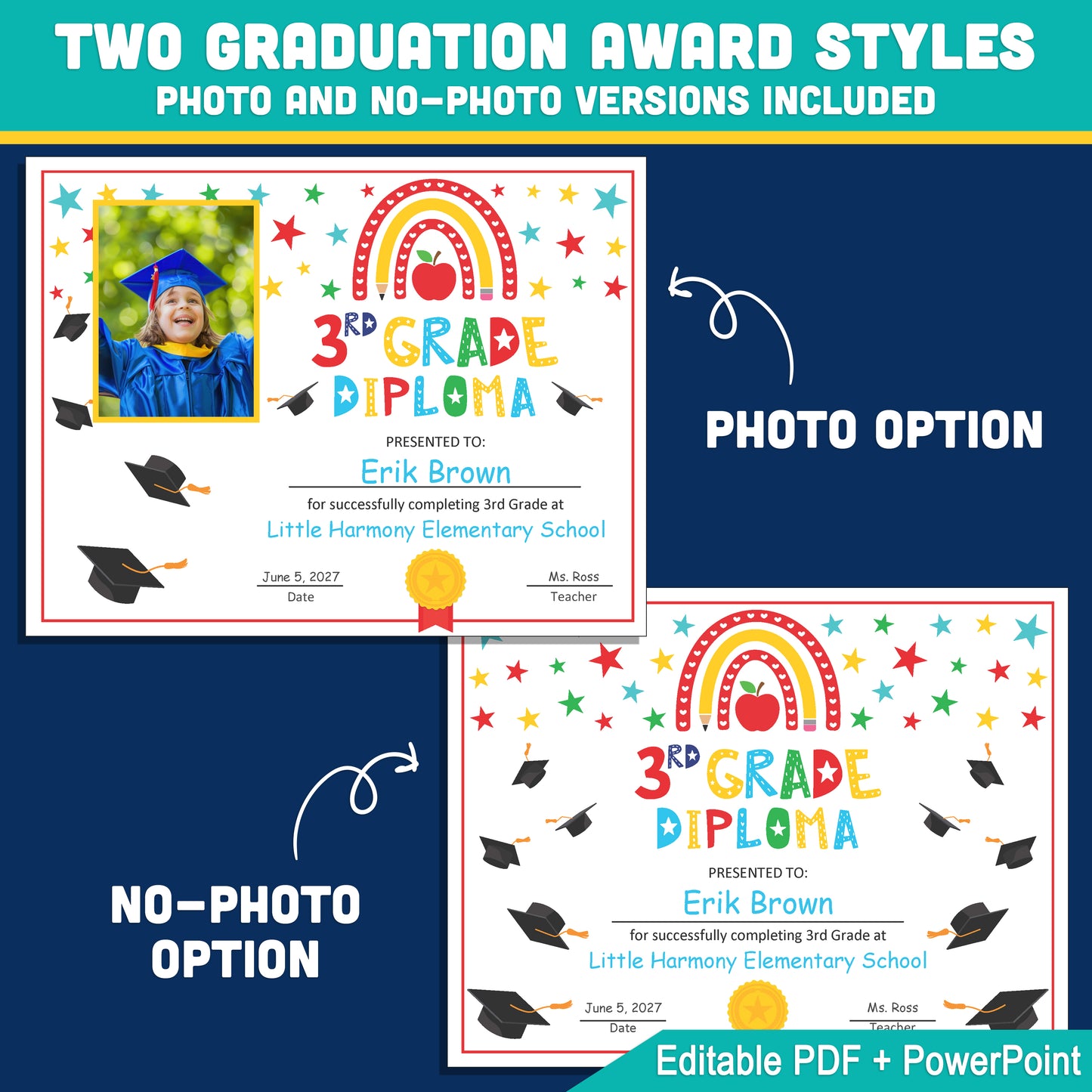 Editable 3rd Graduation Diploma & Certificate Set, Rainbow Stars Graduation Awards, Photo or No-Photo Options, Edit in PDF, PowerPoint, Canva