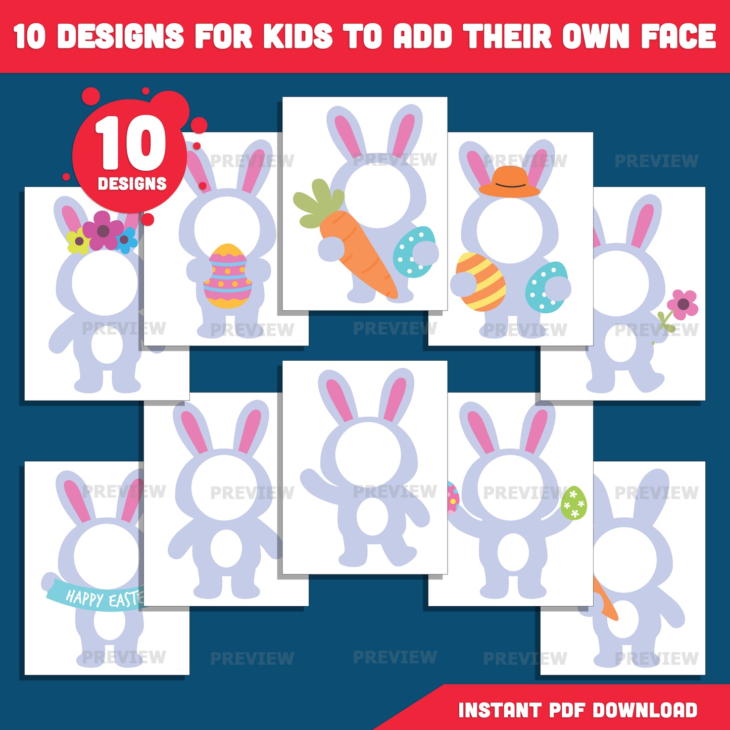 Blank Bunny Face Templates, Easter Add Your Own Face Craft, Coloring Version Included, Bulletin Board Bunny Body, PDF PNG Download