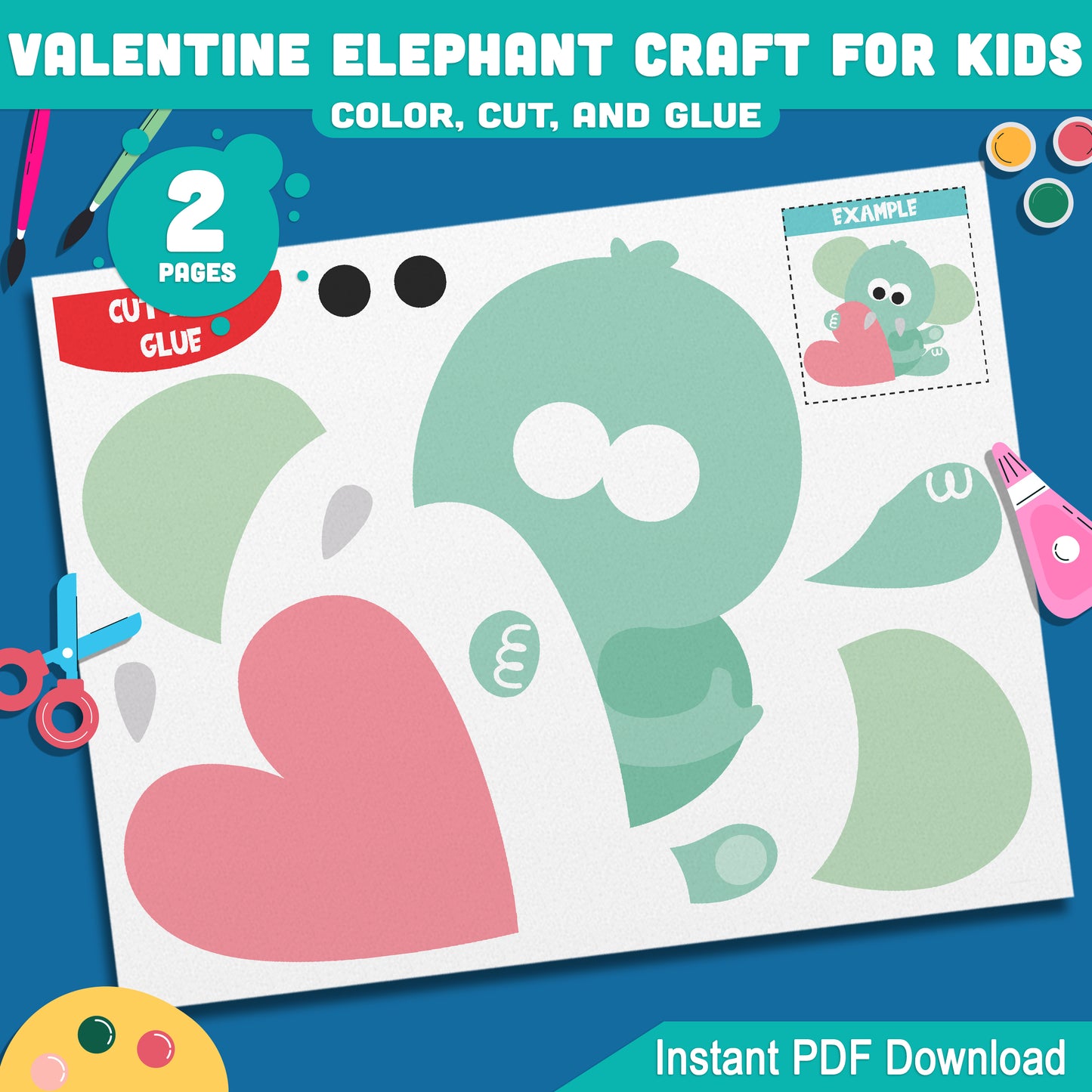 Valentine Elephant Craft for Kids, Adorable Color Cut and Glue Activity, Valentine Classroom Craft, Preschool Pre-K Kindergarten