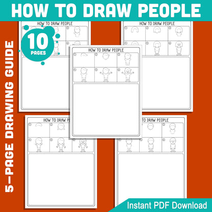 Learn How to Draw People for Kids: 5-Page Step-by-Step Guide with 5 Fun Coloring Pages, PDF Instant Download