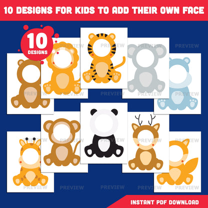 Animal Body Templates, Add Your Own Face Printable Craft, Printable Animal Characters, 10 Cute Designs, Color, Black and White, PNG