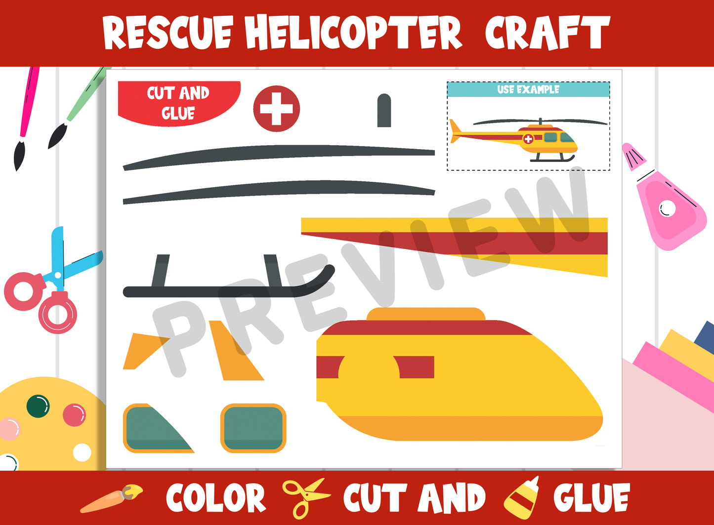 Rescue Helicopter Craft Activity - Color, Cut, and Glue for PreK to 2nd Grade, PDF File, Instant Download