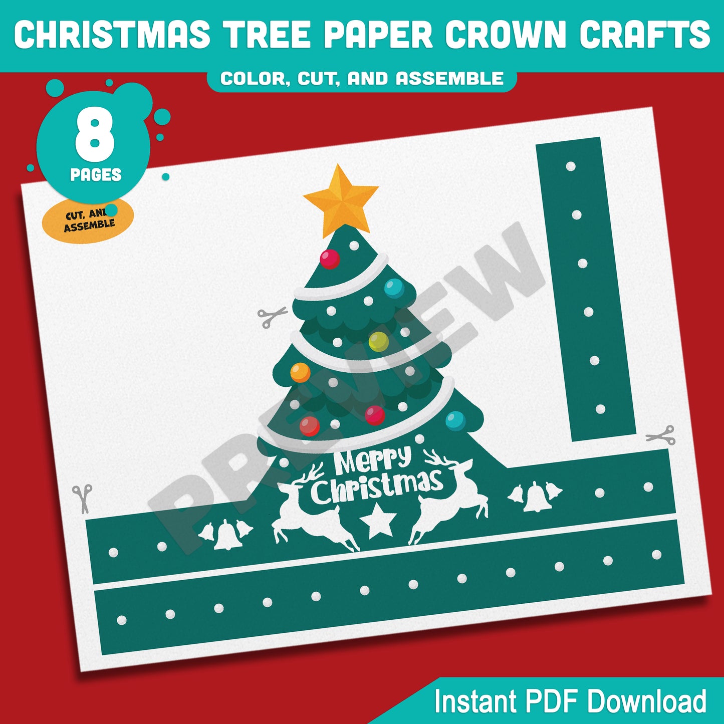 Printable Christmas Tree Paper Crown Crafts, Coloring Hat and Headband for Winter Fun, Holiday Party Paper Hat, 4 Designs, Pre-color + Black & White, PDF Download