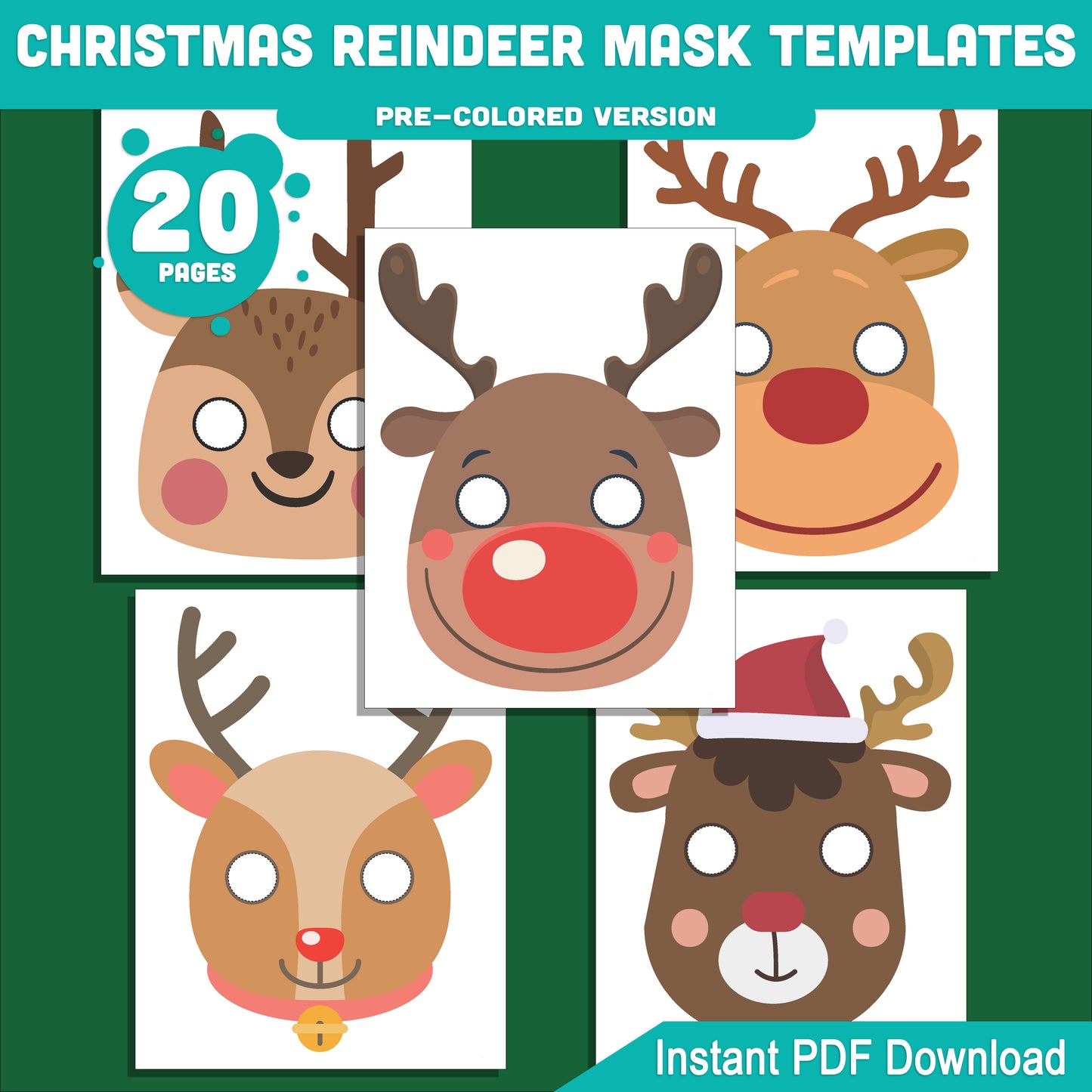 Printable Christmas Reindeer Mask Templates: 10 Fun Designs, 20 Pages (10 Pre-Colored + 10 Black and White), Perfect for School or Home Holiday Craft, PDF