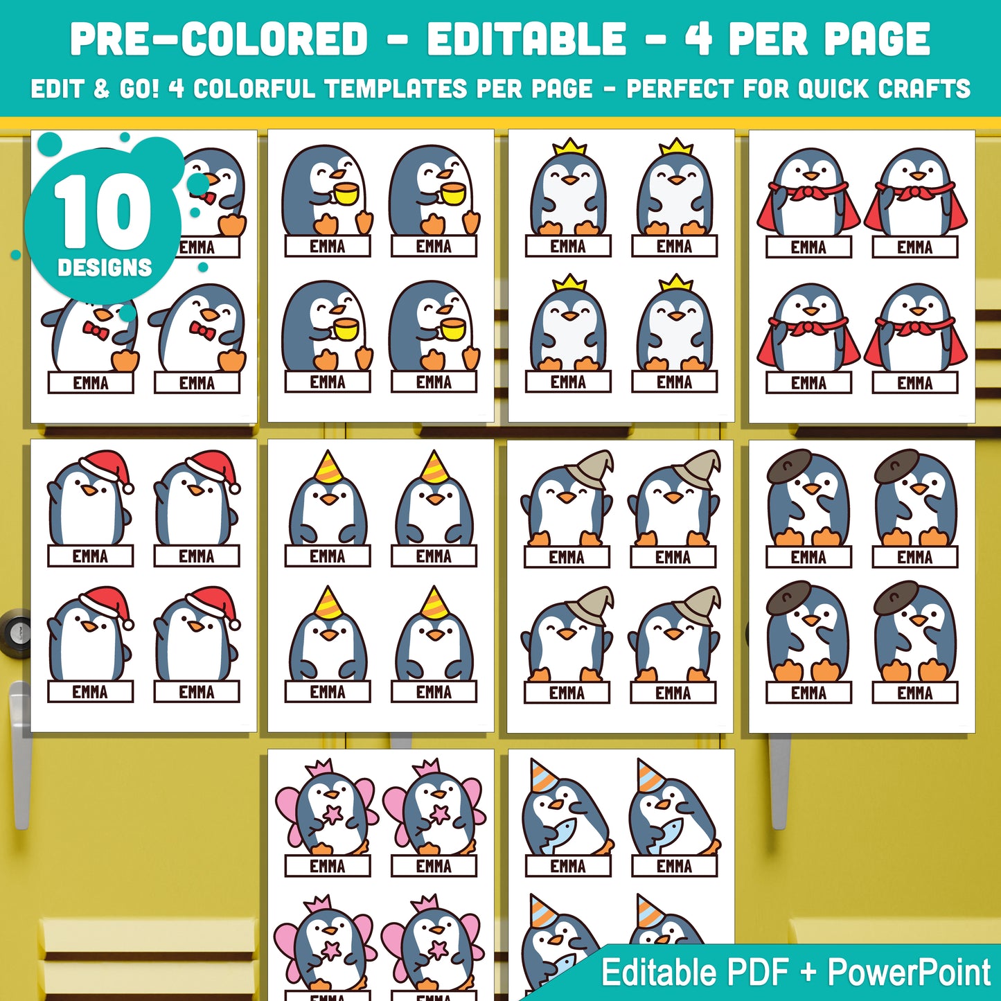 Editable Cubby and Locker Labels, Penguin Themed – 40 Pages, Pre-Colored + Black & White, PDF + PowerPoint