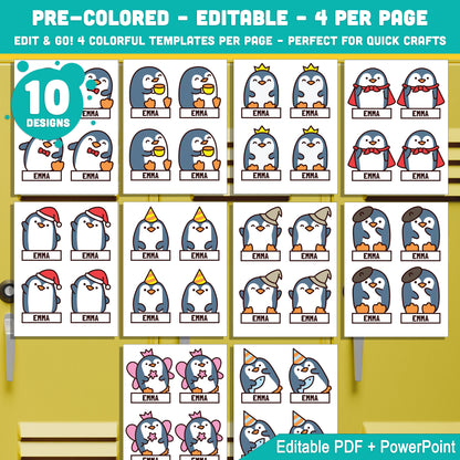 Editable Cubby and Locker Labels, Penguin Themed – 40 Pages, Pre-Colored + Black & White, PDF + PowerPoint