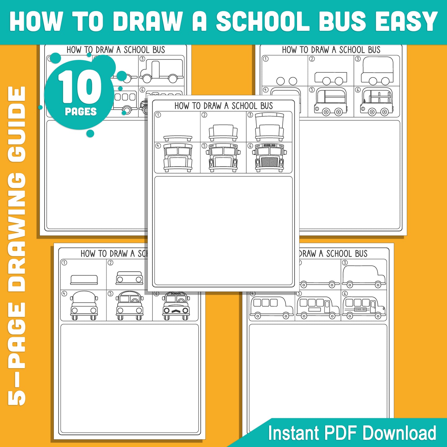 School Bus Art Activity for Kids: 5-Step Drawing Guide + Coloring Pages, Perfect for Creative Classroom Fun or Homeschool Projects, PDF Download