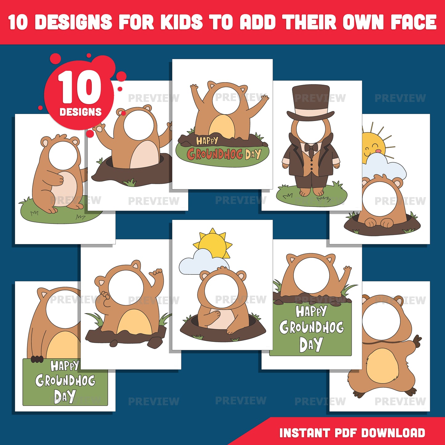 Groundhog Day Face Craft for Kids – Groundhog Costume Add Your Own Face Templates, Photo Craft with Coloring Version