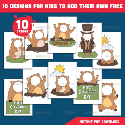 Groundhog Day Face Craft for Kids – Groundhog Costume Add Your Own Face Templates, Photo Craft with Coloring Version