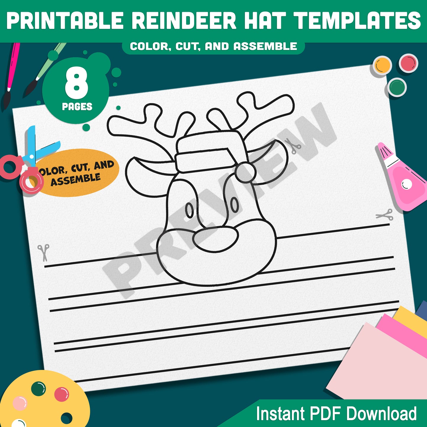 Festive Reindeer Hat Crown Templates: Christmas Craft Activity for Kids, 4 Unique Designs in Color & Black-and-White, Printable Instant Download.