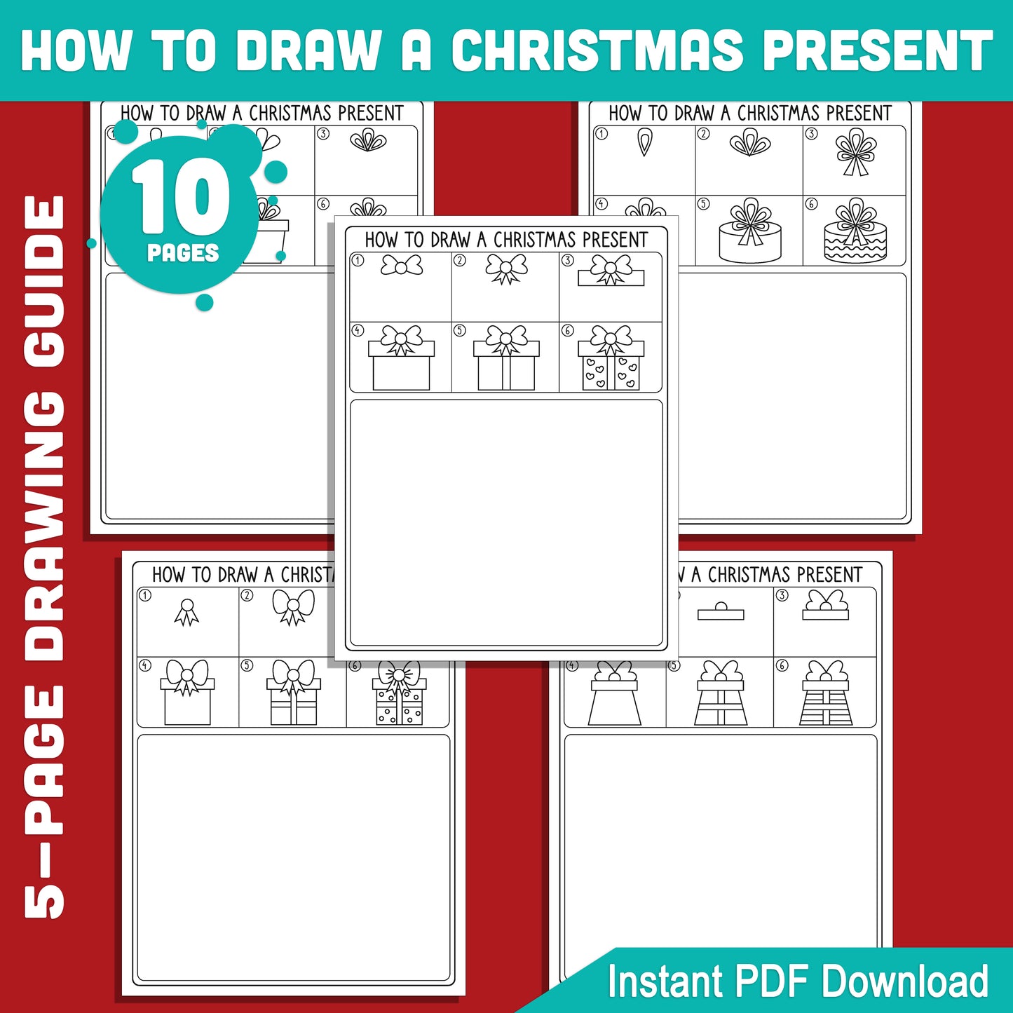 Step-by-Step How to Draw a Christmas Present for Kids: 5-Page Drawing Guide + 5 Holiday Coloring Pages for Festive Fun, Instant PDF Download