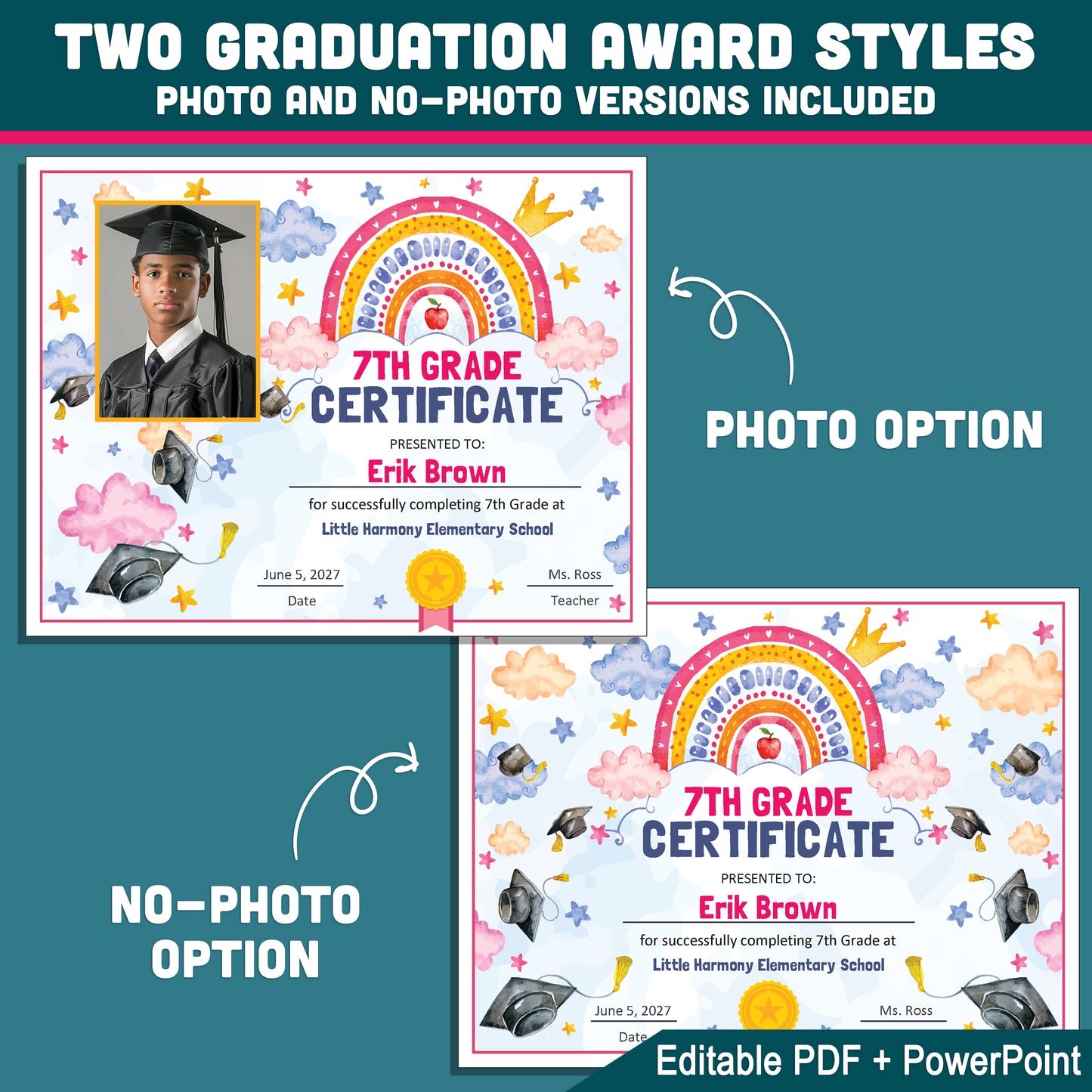 7th Grade Completion Certificate, Seventh Grade Graduation Moving Up Awards, Editable Rainbow Star Theme, Photo and No Photo, PDF and PowerPoint